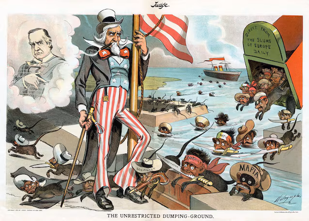 Uncle Sam stands beside an American Flag and the specter of William McKinley while a ship "Direct From the Slums of Europe Daily" releases rats representing undesirable Italian immigrants (eg Mafia, Anarchists, Socialists, Murder). Date 1903 Source Judge, vol. 4-45, 1903