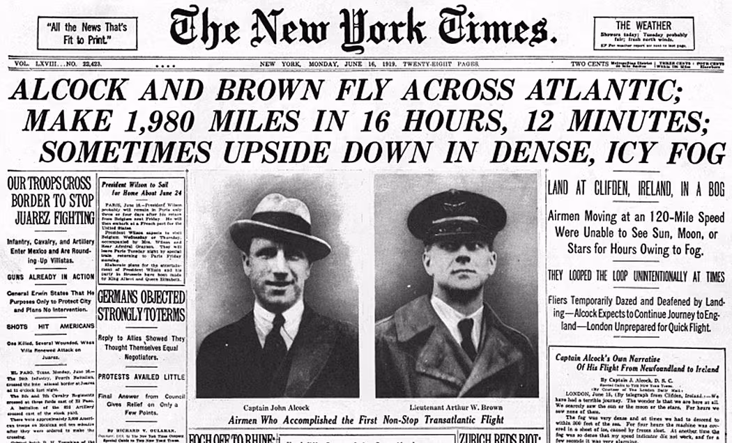The first transatlantic flight: it was not Charles Lindbergh in 1927, but Alcock and Brown in 1919