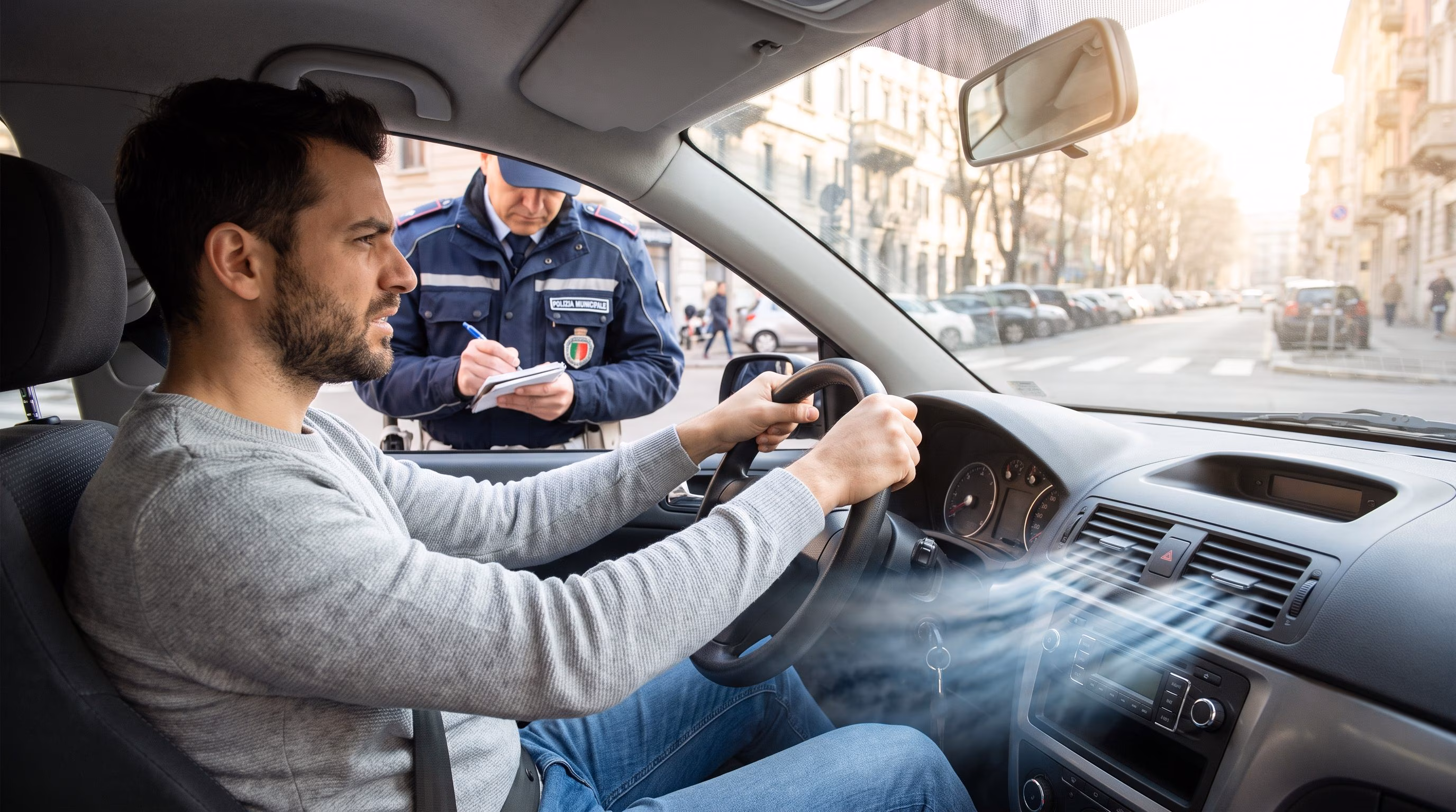 The air conditioning turned on in a parked car is prohibited by art.157 of the CdS: fines of up to 444 euros